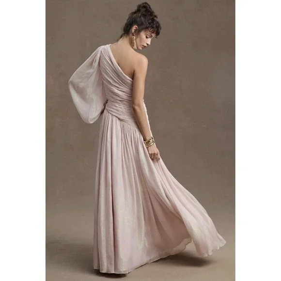 BHLDN One-Shoulder Maxi Dress Formal Gown Ruched Pink‎ Sparkle Size 4 - Picture 2 of 11